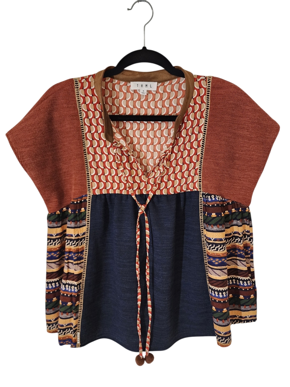 THML Anthropologie Boho Mixed Print Tie Front Tunic Top Small S Multicolor
